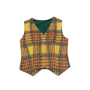Vintage 1970's Checkered Plaid Vest Unisex Men Women Small Green Yellow Retro